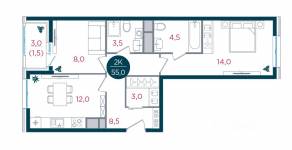 ЖК «Русич Кантемировский», планировка 2-комнатной квартиры, 55.00 м²