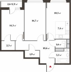 ЖК Миниполис «Восемь кленов», планировка 3-комнатной квартиры, 69.30 м²
