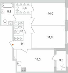 МЖК «Дубровский», планировка 2-комнатной квартиры, 65.05 м²