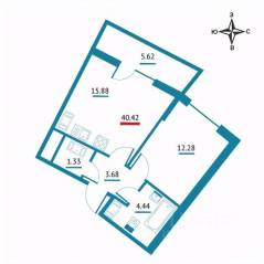 ЖК «Левитан», планировка 1-комнатной квартиры, 40.42 м²