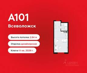 ЖК «А101 Всеволожск», планировка студии, 26.30 м²