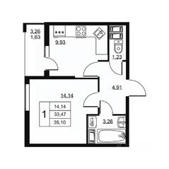 ЖК «Высота» (Бугры), планировка 1-комнатной квартиры, 35.10 м²
