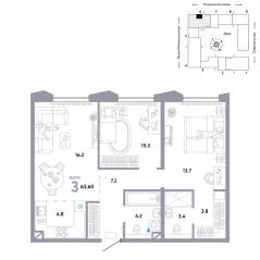 ЖК «Страна.Озерная», планировка 3-комнатной квартиры, 63.60 м²
