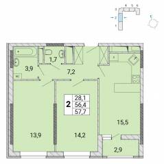 ЖК «Центр-2», планировка 2-комнатной квартиры, 58.10 м²