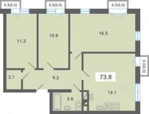 МЖК «Южная Долина», планировка 3-комнатной квартиры, 73.80 м²