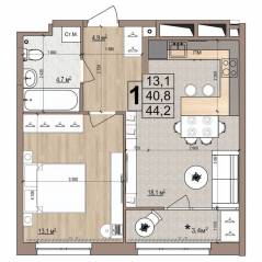 ЖК «Гранд Комфорт», планировка 1-комнатной квартиры, 44.20 м²