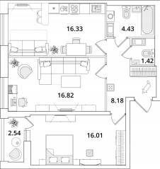 ЖК «Cube», планировка 2-комнатной квартиры, 64.70 м²