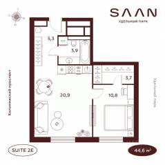 МФК «SAAN», планировка 1-комнатной квартиры, 44.60 м²