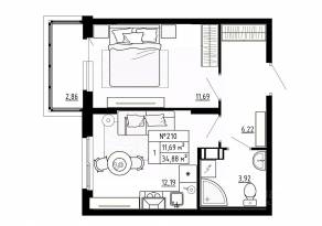 МЖК «Аннино Сити», планировка 1-комнатной квартиры, 34.88 м²