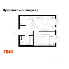 ЖК «Ярославский квартал», планировка 1-комнатной квартиры, 34.20 м²
