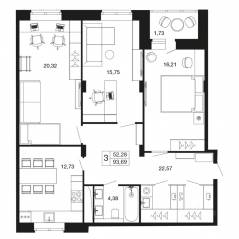 ЖК «Времена года», планировка 3-комнатной квартиры, 93.69 м²