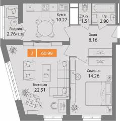 ЖК «Планерный квартал», планировка 2-комнатной квартиры, 60.99 м²