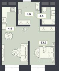 ЖК «Лайм», планировка 1-комнатной квартиры, 51.80 м²