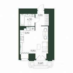 ЖК «Моисеенко, 10», планировка 1-комнатной квартиры, 26.60 м²