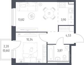 ЖК «Пригород Лесное», планировка 1-комнатной квартиры, 36.60 м²