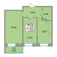 ЖК «Рождественский квартал», планировка 2-комнатной квартиры, 55.87 м²