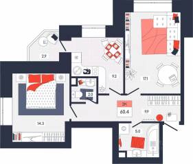 ЖК «Феникс», планировка 2-комнатной квартиры, 60.40 м²