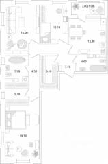 ЖК «Тайм Сквер», планировка 3-комнатной квартиры, 96.00 м²