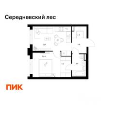 ЖК «Середневский лес», планировка 1-комнатной квартиры, 38.40 м²