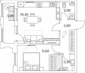 ЖК «Тайм Сквер», планировка 1-комнатной квартиры, 45.60 м²