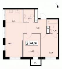ЖК «Self», планировка 2-комнатной квартиры, 64.80 м²