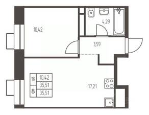 ЖК «Новая Ивантеевка», планировка 1-комнатной квартиры, 35.50 м²