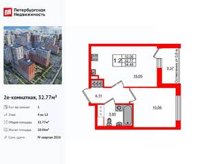 ЖК «Город звезд», планировка 1-комнатной квартиры, 32.77 м²