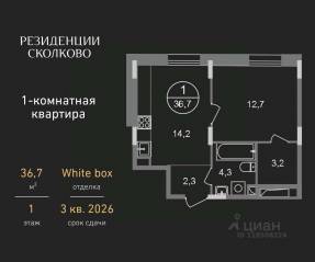 ЖК «Резиденции Сколково», планировка 1-комнатной квартиры, 36.70 м²