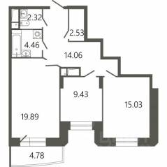 ЖК «Мессиер 18», планировка 2-комнатной квартиры, 69.15 м²
