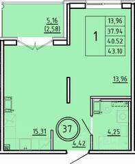 МЖК «Образцовый квартал 16», планировка 1-комнатной квартиры, 37.94 м²