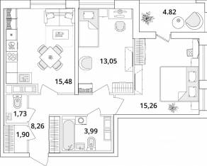 ЖК «Cube», планировка 2-комнатной квартиры, 62.40 м²
