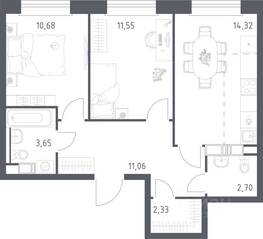 ЖК «ЭкоБунино», планировка 2-комнатной квартиры, 56.29 м²