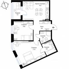 МЖК «Экография», планировка 2-комнатной квартиры, 58.00 м²