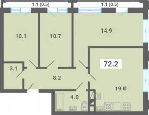 МЖК «Южная Долина», планировка 3-комнатной квартиры, 72.20 м²