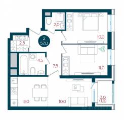 ЖК «Русич Кантемировский», планировка 2-комнатной квартиры, 57.00 м²