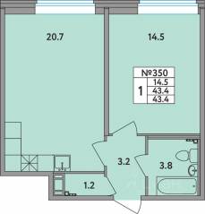 ЖК «Удача», планировка 1-комнатной квартиры, 43.40 м²