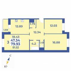 ЖК «Эдельвейс» (ЦентрСтрой), планировка 3-комнатной квартиры, 81.52 м²