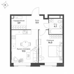 ЖК «MariInn Park», планировка 1-комнатной квартиры, 44.80 м²