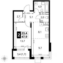 ЖК «1-й Саларьевский», планировка 2-комнатной квартиры, 47.90 м²