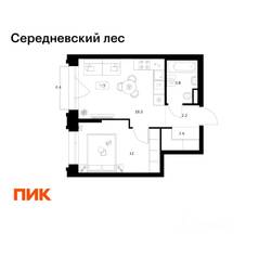 ЖК «Середневский лес», планировка 1-комнатной квартиры, 37.50 м²