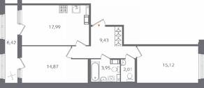 ЖК «Б15», планировка 2-комнатной квартиры, 66.58 м²