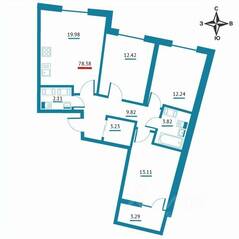 ЖК «Левитан», планировка 3-комнатной квартиры, 78.38 м²