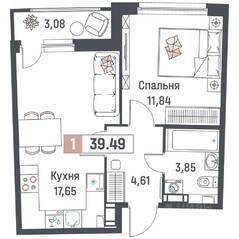 ЖК «Авиатор» (Девяткино), планировка 1-комнатной квартиры, 39.49 м²