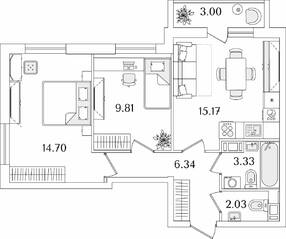 ЖК «Кинопарк», планировка 2-комнатной квартиры, 52.88 м²