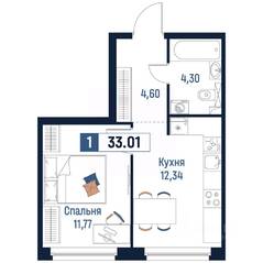 ЖК «Максималист», планировка 1-комнатной квартиры, 33.01 м²