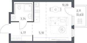 ЖК «Пригород Лесное», планировка студии, 23.44 м²