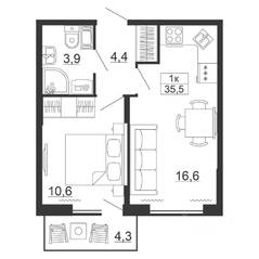 ЖК «Рубеж», планировка 1-комнатной квартиры, 35.50 м²