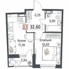 ЖК «Авиатор» (Девяткино), планировка 1-комнатной квартиры, 32.60 м²