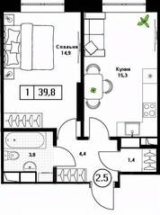 ЖК «Пушкино Град», планировка 1-комнатной квартиры, 39.80 м²