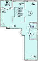 МЖК «Образцовый квартал 15», планировка 3-комнатной квартиры, 81.00 м²